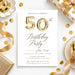 Personalized 50th birthday invitation with gold number balloons and elegant script lettering, shown with a white envelope
