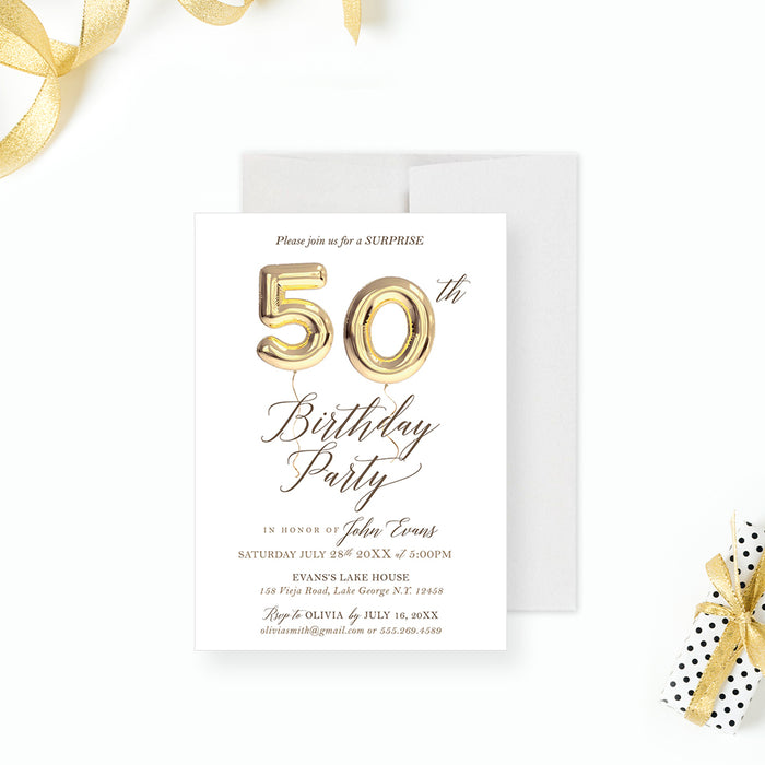 Personalized 50th birthday invitation with gold number balloons and elegant script lettering, shown with a white envelope-front