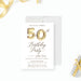 Personalized 50th birthday invitation with gold number balloons and elegant script lettering, shown with a white envelope-front