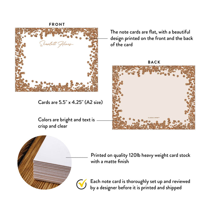 Product details graphic for personalized gold confetti border note cards, showing front and back designs, A2 size, and matte cardstock.