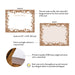Product details graphic for personalized gold confetti border note cards, showing front and back designs, A2 size, and matte cardstock.