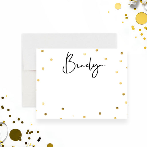personalized thank you card with a custom name in black script, elegant gold confetti, and space for handwritten messages-front
