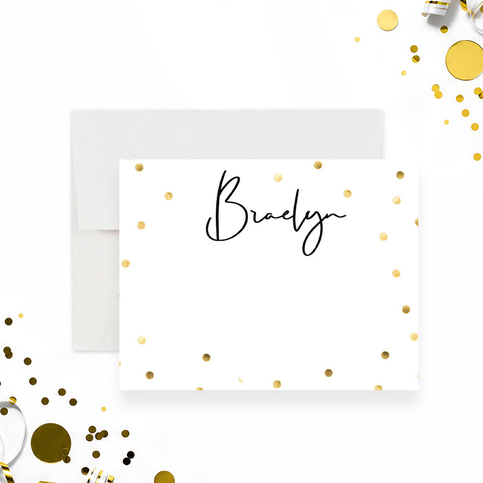 personalized thank you card with a custom name in black script, elegant gold confetti, and space for handwritten messages-front