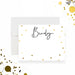 personalized thank you card with a custom name in black script, elegant gold confetti, and space for handwritten messages-front