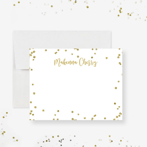 Personalized Gold Confetti Note Cards. Front and white back with scattered printed gold confetti shown with a white envelope.