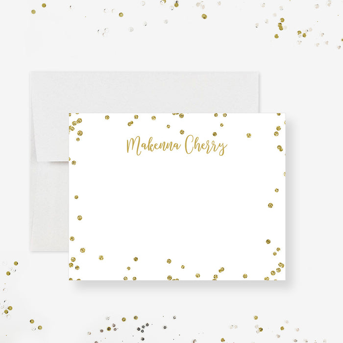 Personalized Gold Confetti Note Cards. Front and white back with scattered printed gold confetti shown with a white envelope.