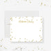 Personalized Gold Confetti Note Cards. Front and white back with scattered printed gold confetti shown with a white envelope.