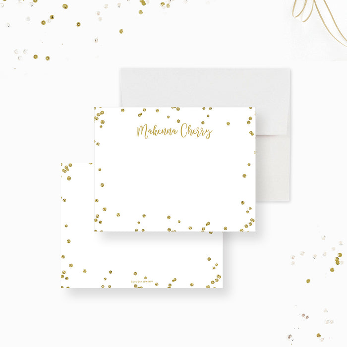 Personalized note card with a white front with scattered printed gold confetti and a name in script. Shown with a white envelope.