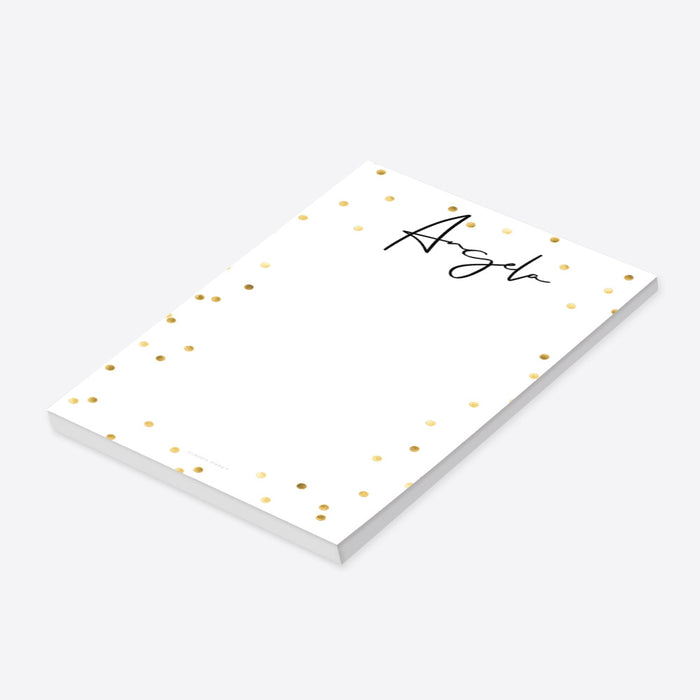 Personalized white notepad with a custom name in black script and elegant gold confetti border on a minimalist stationery design-side