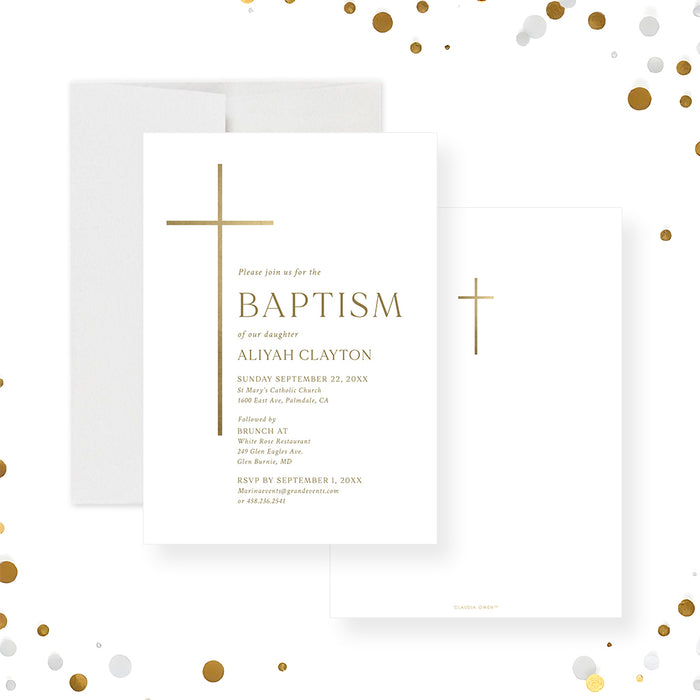 White baptism invitation with a slender gold cross, classic serif lettering, and soft pink roses-front-back