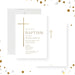 White baptism invitation with a slender gold cross, classic serif lettering, and soft pink roses-front-back