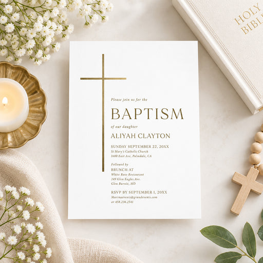 White baptism invitation with a slender gold cross, classic serif lettering, and soft pink roses-front