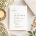 White baptism invitation with a slender gold cross, classic serif lettering, and soft pink roses-front