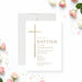 White baptism invitation with a slender gold cross, classic serif lettering, and soft pink roses-front