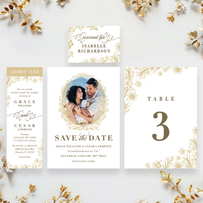 Personalized Gold Floral Wreath Wedding Invitation