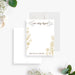 Personalized white and gold floral note card with “Our Story Begins” lettering, blank writing space and custom couple names-front-back