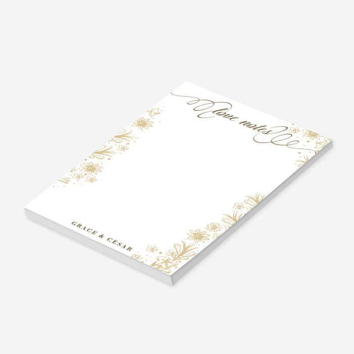 Personalized white wedding notepad with gold floral border, Love Notes script, and couple names-side