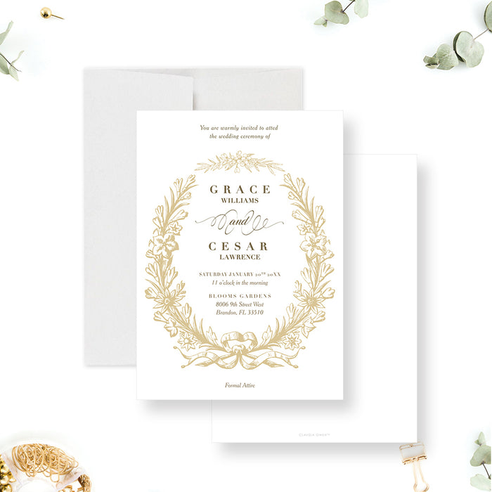 White wedding invitation with a gold floral wreath, botanical leaves, ribbon bow and personalized ceremony details-front-back