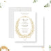 White wedding invitation with a gold floral wreath, botanical leaves, ribbon bow and personalized ceremony details-front-back