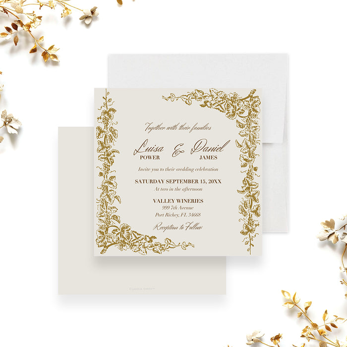 Personalized gold grapevine vineyard wedding invitation with ornate botanical border, custom couple’s names, date, time, venue and address-front-back