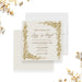 Personalized gold grapevine vineyard wedding invitation with ornate botanical border, custom couple’s names, date, time, venue and address-front-back