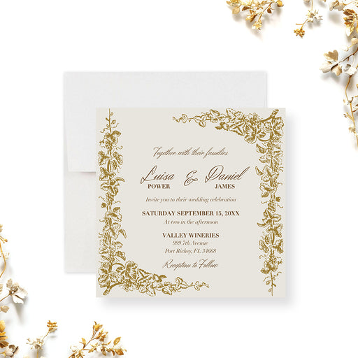 Personalized gold grapevine vineyard wedding invitation with ornate botanical border, custom couple’s names, date, time, venue and address-front