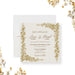 Personalized gold grapevine vineyard wedding invitation with ornate botanical border, custom couple’s names, date, time, venue and address-front