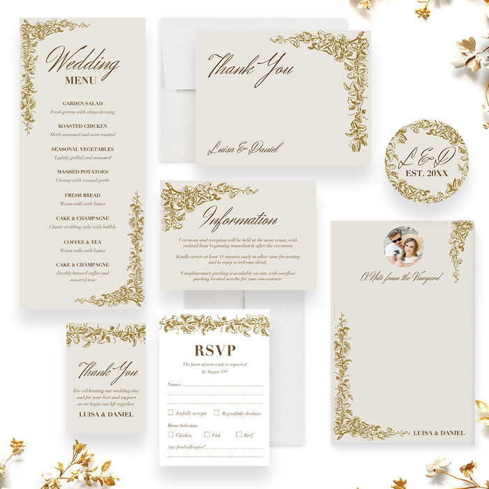 Personalized Gold Grapevine Vineyard Wedding Invitation