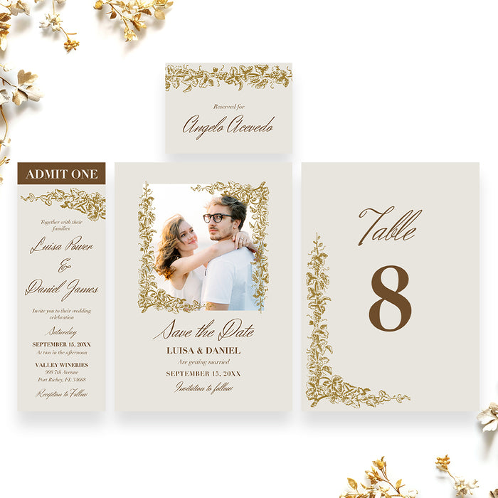 Personalized Gold Grapevine Vineyard Wedding Invitation