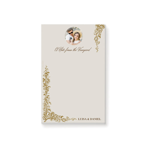 Personalized gold grapevine vineyard wedding notepad with ornate corner border, A Note from the Vineyard, custom couple’s photo, and names