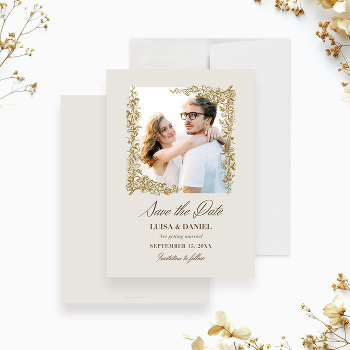 Personalized gold grapevine vineyard wedding save the date card with ornate botanical border, custom couple’s photo, names and wedding date-front-back