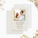 Personalized gold grapevine vineyard wedding save the date card with ornate botanical border, custom couple’s photo, names and wedding date-front-back