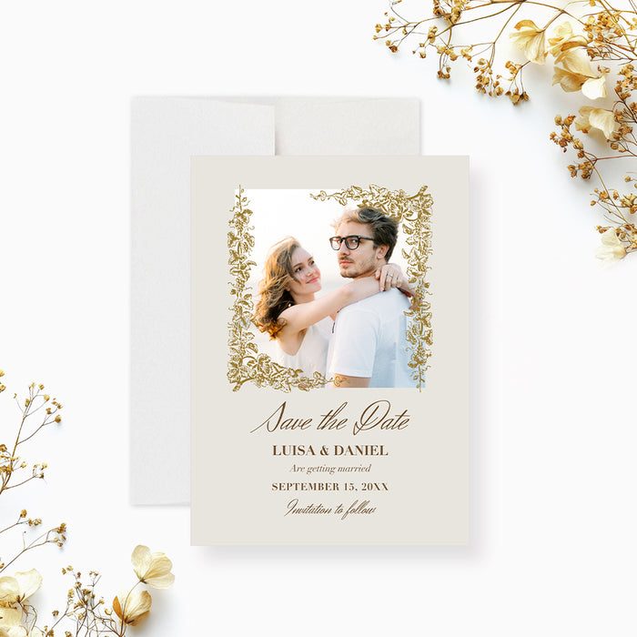 Personalized gold grapevine vineyard wedding save the date card with ornate botanical border, custom couple’s photo, names and wedding date-front