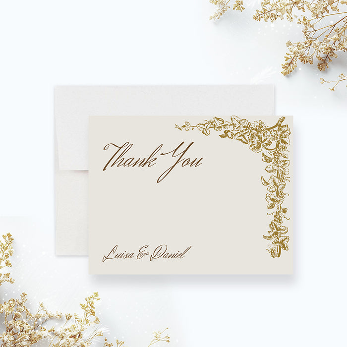 Personalized gold grapevine vineyard wedding thank you card with ornate corner border, large Thank You script and custom couple’s names-front