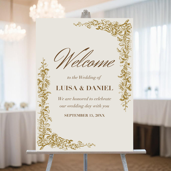 Personalized gold grapevine vineyard wedding welcome sign with ornate vine border, custom couple’s names and wedding date