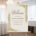 Personalized gold grapevine vineyard wedding welcome sign with ornate vine border, custom couple’s names and wedding date
