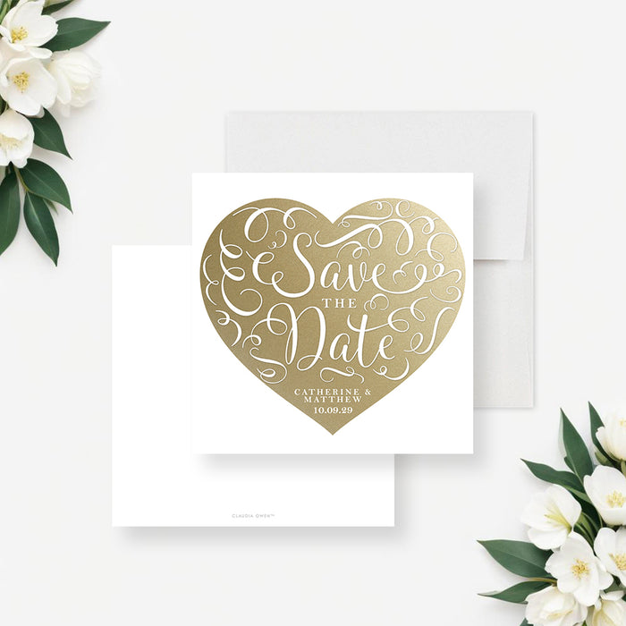 Square wedding save the date card with a large gold heart, ornate white script lettering and personalized names and date-front-back
