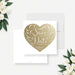 Square wedding save the date card with a large gold heart, ornate white script lettering and personalized names and date-front-back