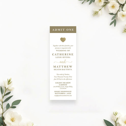 White wedding ticket invitation with a gold Admit One heading, delicate heart and personalized ceremony details