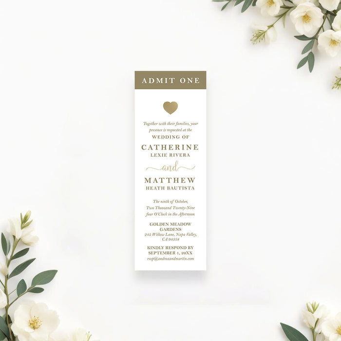 White wedding ticket invitation with a gold Admit One heading, delicate heart and personalized ceremony details