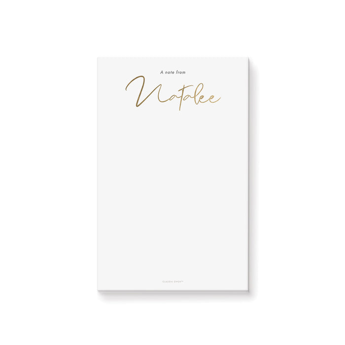Personalized white notepad with elegant gold script name