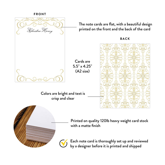Product details for personalized gold scroll note cards: front and back designs, A2 size, matte cardstock, and design proof.