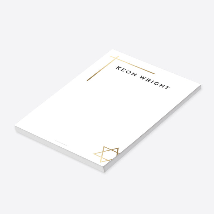 Personalized white Jewish notepad with a custom name, gold corner lines, and a gold Star of David.