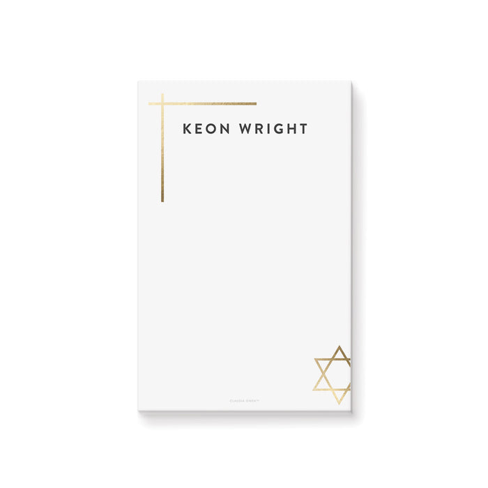 Personalized white Jewish notepad with a custom name, gold corner lines, and a gold Star of David.
