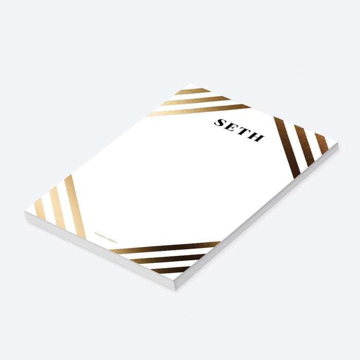 Personalized white notepad with custom name and elegant gold and black diagonal stripe border-side