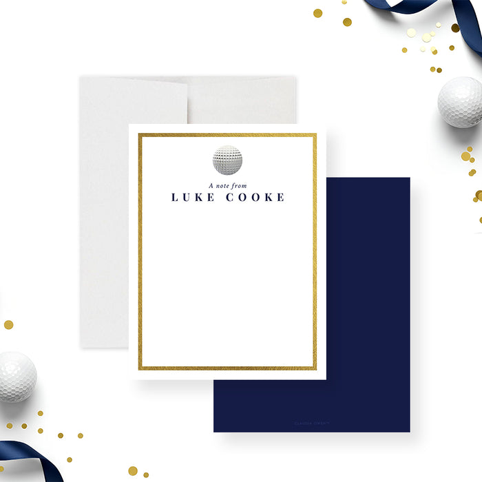 personalized golf thank you card featuring a golf ball, elegant gold border, custom name, and space for handwritten correspondence-front-back