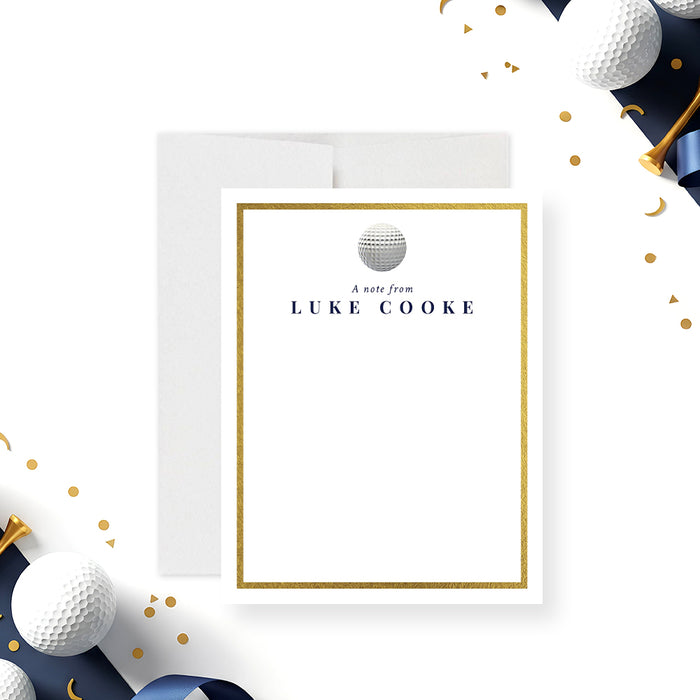 personalized golf thank you card featuring a golf ball, elegant gold border, custom name, and space for handwritten correspondence-front