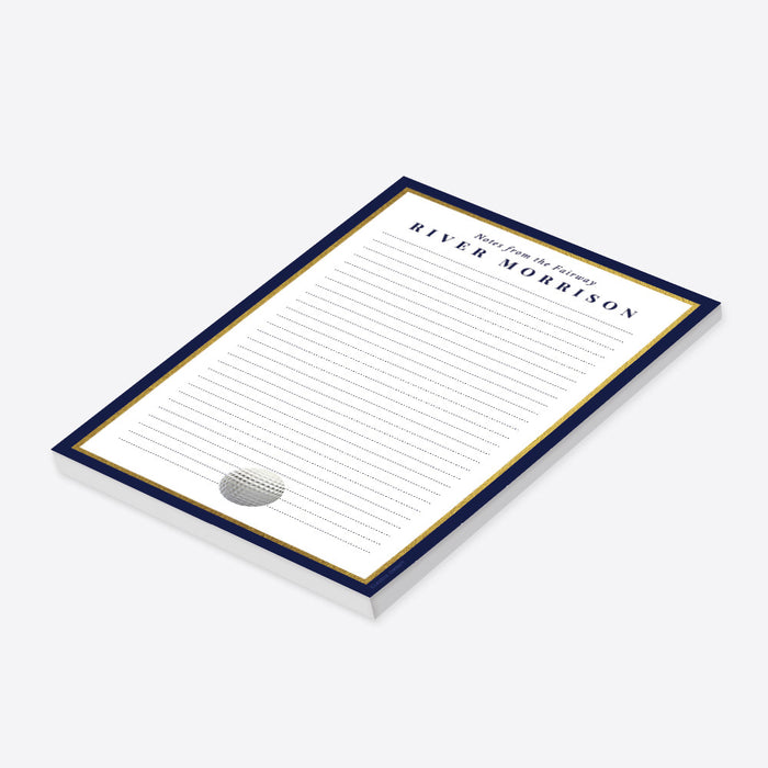 Personalized golf notepad with custom name, lined pages, golf ball artwork, and navy border-side