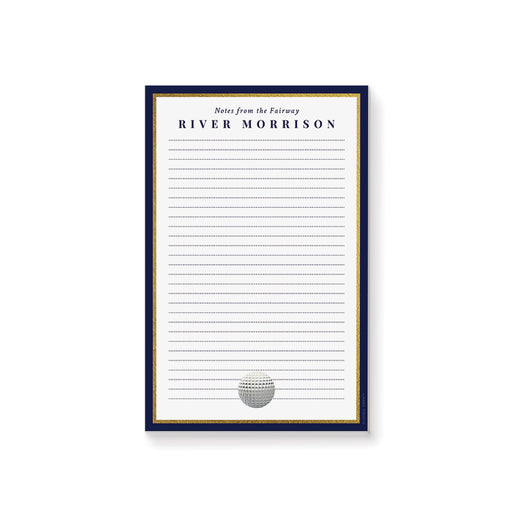 Personalized golf notepad with custom name, lined pages, golf ball artwork, and navy border