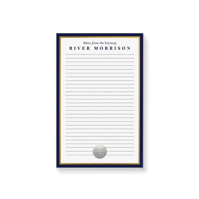 Personalized golf notepad with custom name, lined pages, golf ball artwork, and navy border